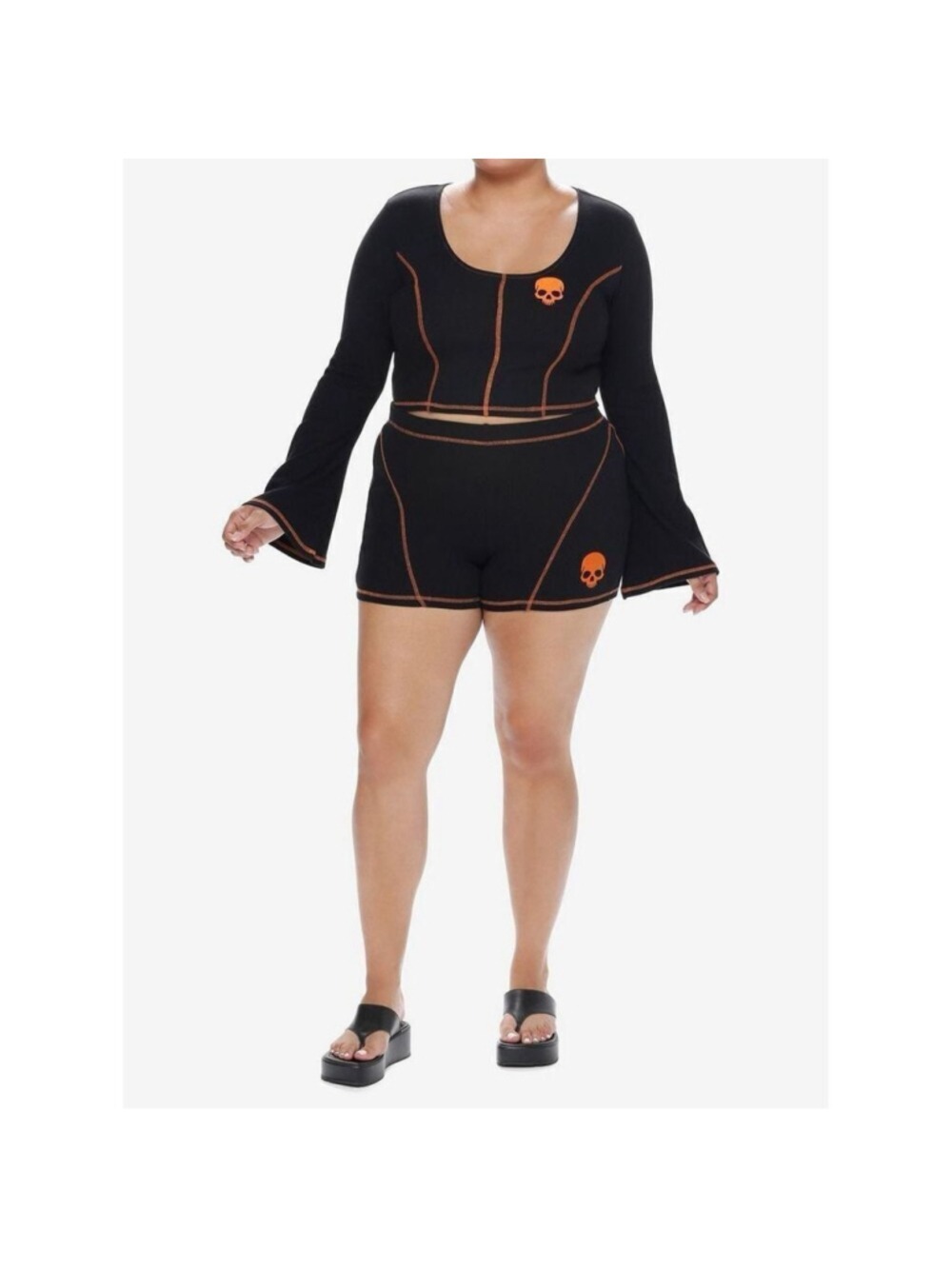 Social Collision Black & Orange Stitch Skull Bell Sleeve Girls Top and Bike Shor